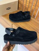 Black suede UGG slingback clogs with thick black platform sole and adjustable strap - luxury men's casual shoes.