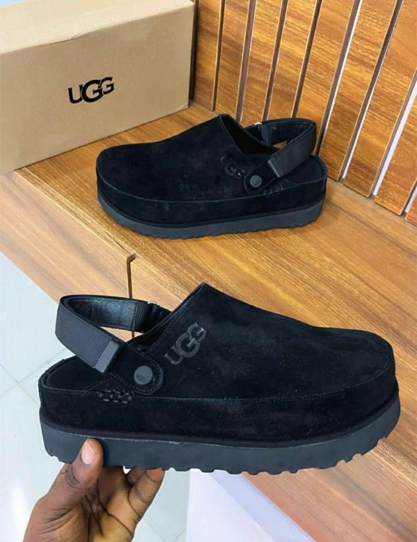 Premium Suede UGG slingback clogs Black suede UGG slingback clogs with thick black platform sole and adjustable strap - luxury men's casual shoes.