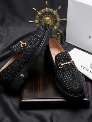 Versace Black Woven Leather Horsebit Loafer with gold hardware