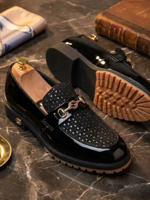 Gucci Black Patent Leather Horsebit Loafer with GG Monogram Texture