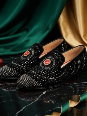 Christian Louboutin Black Suede Loafer with Crystal Embellishment & Red Sole