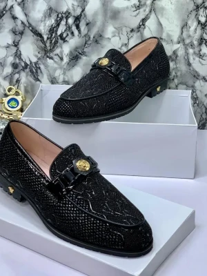 Versace Black Leather Horsebit Loafer with Embossed Medusa Pattern