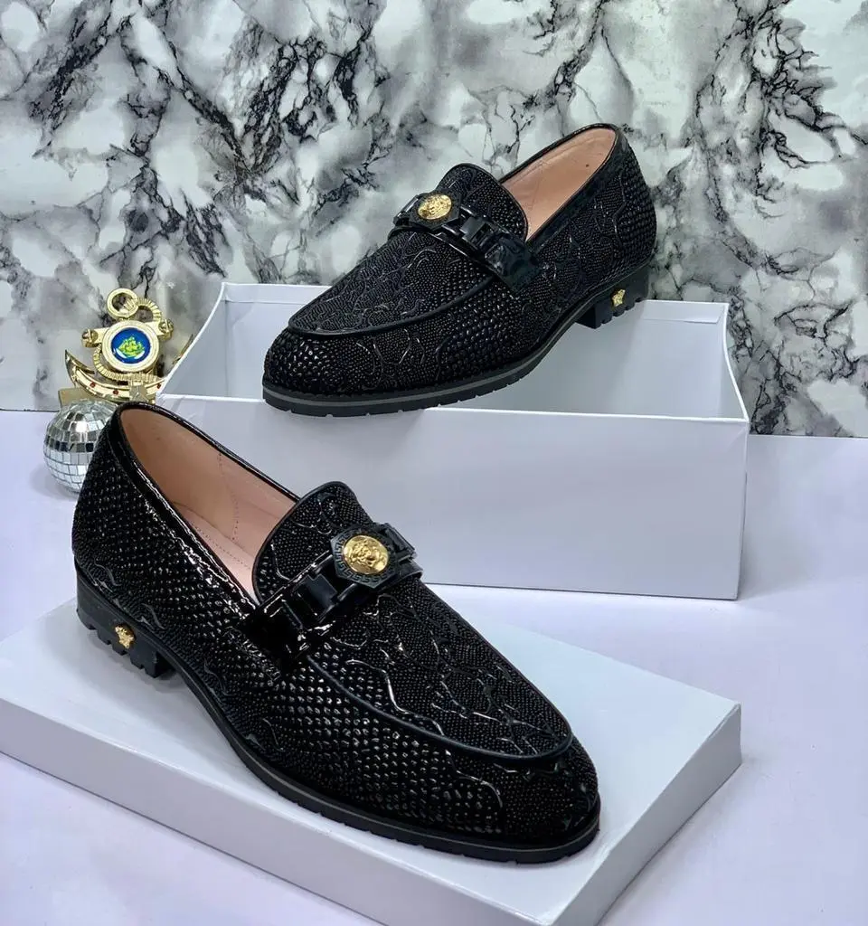 Black Versace Leather Horsebit Loafer Versace Black Leather Horsebit Loafer with Embossed Medusa Pattern