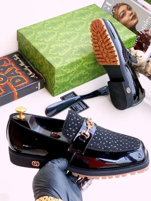 Gucci Black Patent Leather Horsebit Loafer with GG Monogram Texture