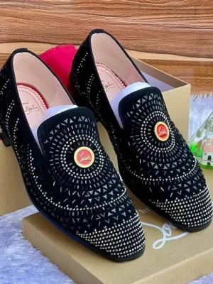 Christian Louboutin Black Suede Loafer with Crystal Embellishment & Red Sole