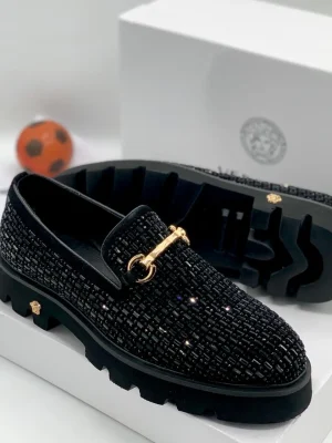 Versace Black Woven Leather Horsebit Loafer with gold hardware