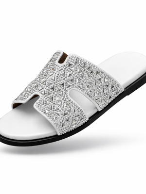 Hermès Oran Crystal Slide Sandal – White Leather with Sparkling ‘H’ Strap | Luxury Designer Slides for Nigerian Men | Authentic Hermès Paris Footwear