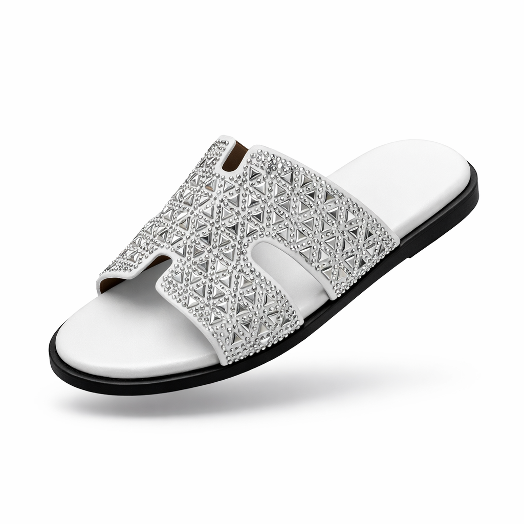 Hermès Oran Sandal – Crystal-Embellished Hermès Oran Crystal Slide Sandal – White Leather with Sparkling ‘H’ Strap | Luxury Designer Slides for Nigerian Men | Authentic Hermès Paris Footwear