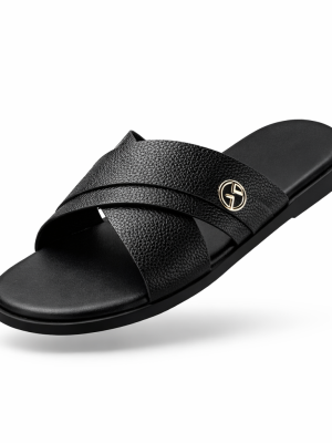 Gucci-Style Interlocking GG Slide Sandal – Black Grained Leather with Gold Logo | Luxury-Inspired Men’s Slides for Nigerian Men | Affordable Designer Look, Premium Feel