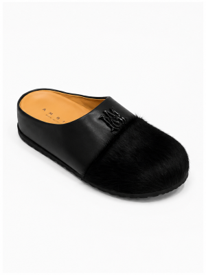 AMIRI luxury fur slide mules in white, black, and brown with authentic leather upper, plush fur detailing, signature AM logo, and cushioned sole displayed with original black AMIRI box