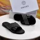 Medusa Luxe Slide – Black Leather Men’s Slide Sandals with Crystal Greek Key Pattern | Luxury Designer-Inspired Slides for Nigerian Men”