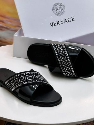 Medusa Luxe Slide – Black Leather Men’s Slide Sandals with Crystal Greek Key Pattern | Luxury Designer-Inspired Slides for Nigerian Men”