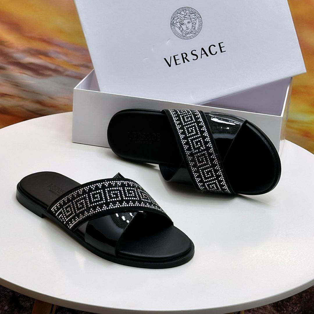 Versace Greca Crystal Slide Slide Medusa Luxe Slide – Black Leather Men’s Slide Sandals with Crystal Greek Key Pattern | Luxury Designer-Inspired Slides for Nigerian Men”