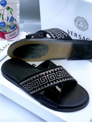 Medusa Luxe Slide – Black Leather Men’s Slide Sandals with Crystal Greek Key Pattern | Luxury Designer-Inspired Slides for Nigerian Men”