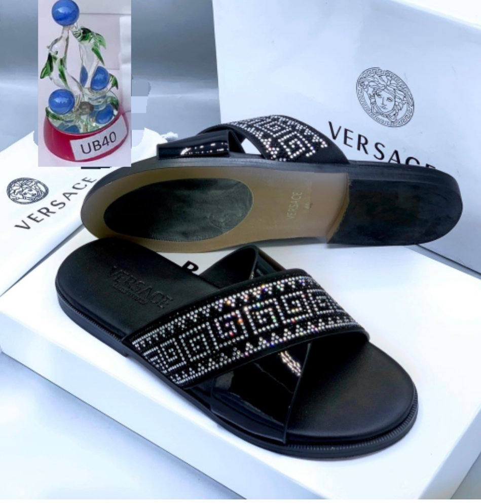Versace Greca Crystal Slide Slide Medusa Luxe Slide – Black Leather Men’s Slide Sandals with Crystal Greek Key Pattern | Luxury Designer-Inspired Slides for Nigerian Men”