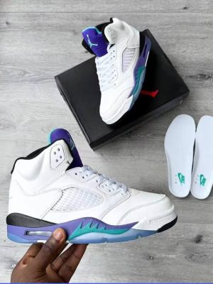 Nike Air Jordan 5 “Black Grape” high-top sneaker in black suede and leather with translucent blue outsole and purple lace lock