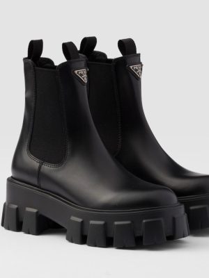 Prada black leather chunky Chelsea boots with treaded platform sole