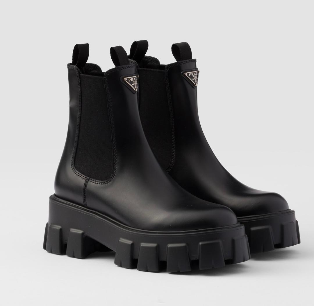 Prada Men’s Chunky Chelsea Boot Prada black leather chunky Chelsea boots with treaded platform sole
