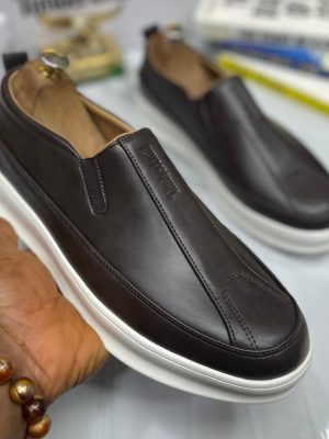 Dark brown premium leather slip-on loafer with white platform sole