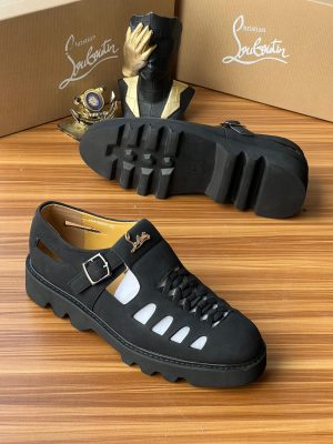 Original Louboutin luxury sandal showcasing precise stitching, metal buckle, and visible SKU on insole - 100% genuine Nigeria