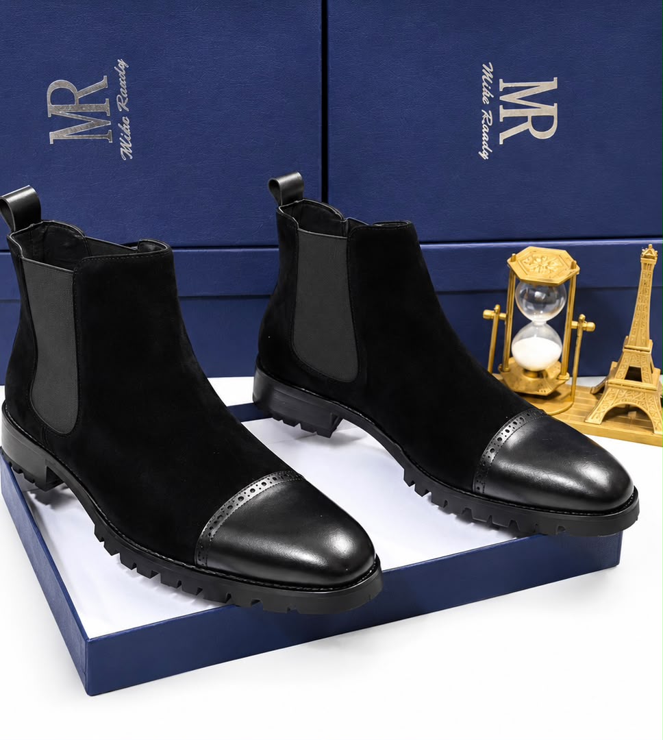 black men's patent leather Mike Randy Chelsea boots with elastic side panels and rugged rubber lug sole.
