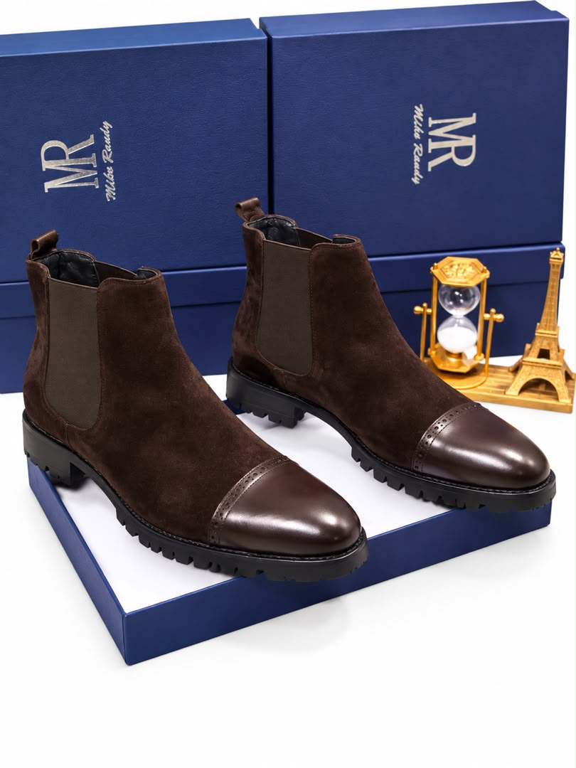 brown men's patent leather Mike Randy Chelsea boots with elastic side panels and rugged rubber lug sole.