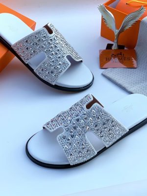 Hermès Oran Crystal Slide Sandal – White Leather with Sparkling ‘H’ Strap | Luxury Designer Slides for Nigerian Men | Authentic Hermès Paris Footwear