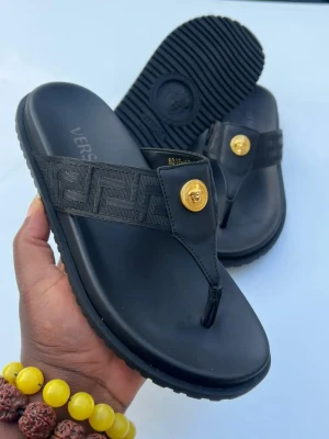 black Versace Greca logo slide sandals