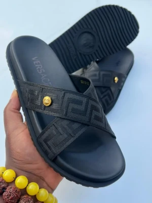 black Versace Greca logo slide sandals