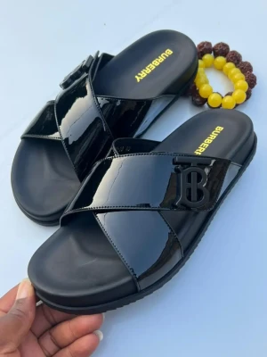 black patent leather Burberry TB logo slide sandals