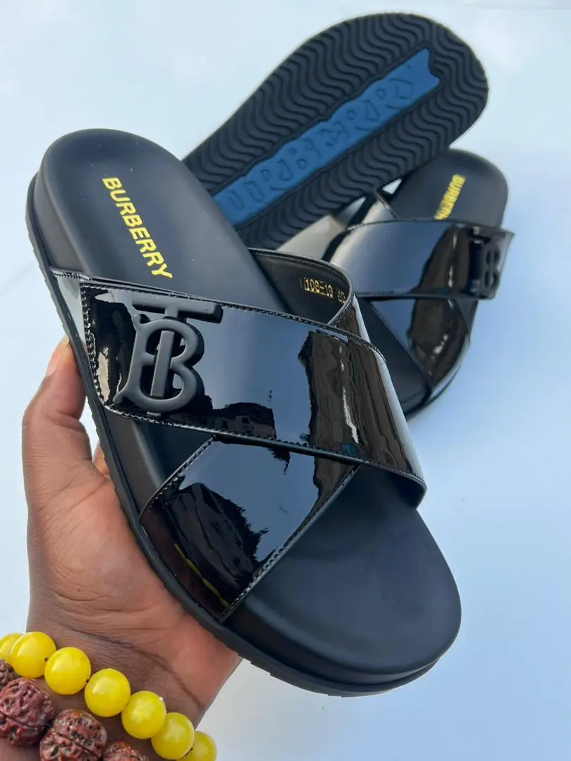 Burberry™ TB Slide Sandal black patent leather Burberry TB logo slide sandals