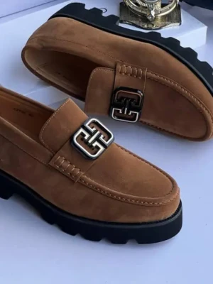 Luxury chocolate brown suede Givenchy Gancini logo loafer