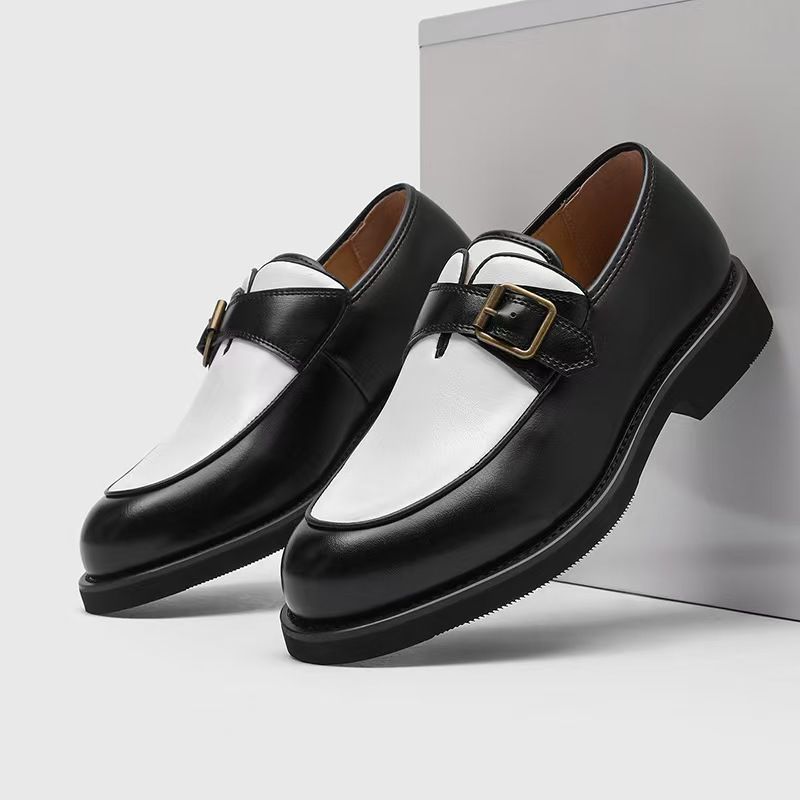 high-quality Italian two-tone loafer Two-tone black-and-white loafer with brass buckle — currently under verification; no brand markings visible on sole, insole, or packaging. Not yet approved for sale by Swingdot Luxe.