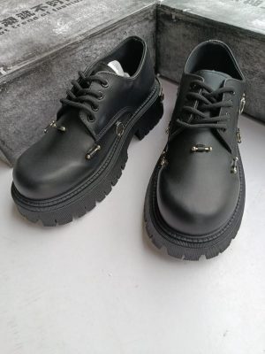 Black leather platform derby shoes with metal stud hardware and chunky lug sole - luxury men's gothic fashion shoes
