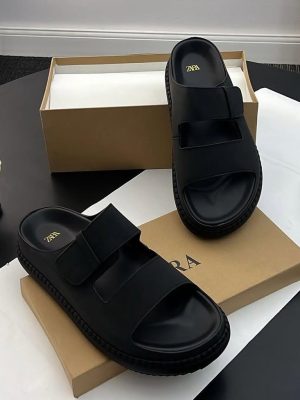 Black luxury platform slides with double wide straps and chunky sole - men's designer sandals with Zara branding