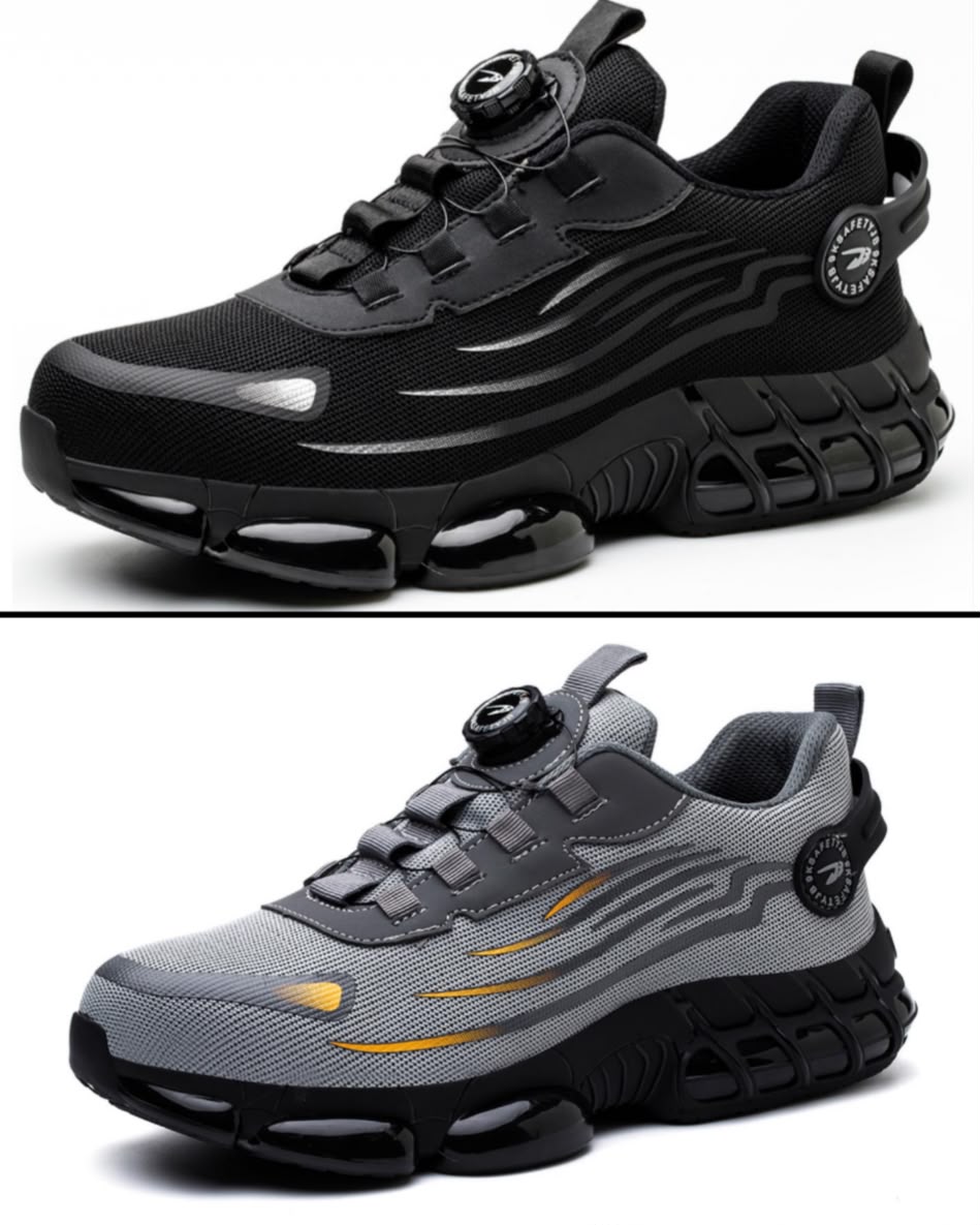 Air-cushion safety boots with steel toe cap Men's black and grey air-cushion safety sneakers with rotary dial lacing system, hollow-carved sole, and reinforced toe cap, displayed on white background.