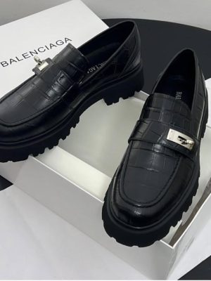 Black crocodile-embossed Balenciaga platform loafers with chunky lug sole and silver hardware - luxury men's designer shoes with white Balenciaga box