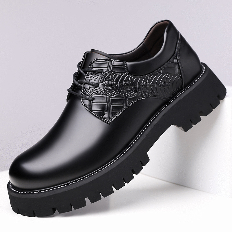 Designer leather lace-up formal shoes Black leather lace-up formal shoes with crocodile embossed vamp and chunky lug sole displayed on white background.