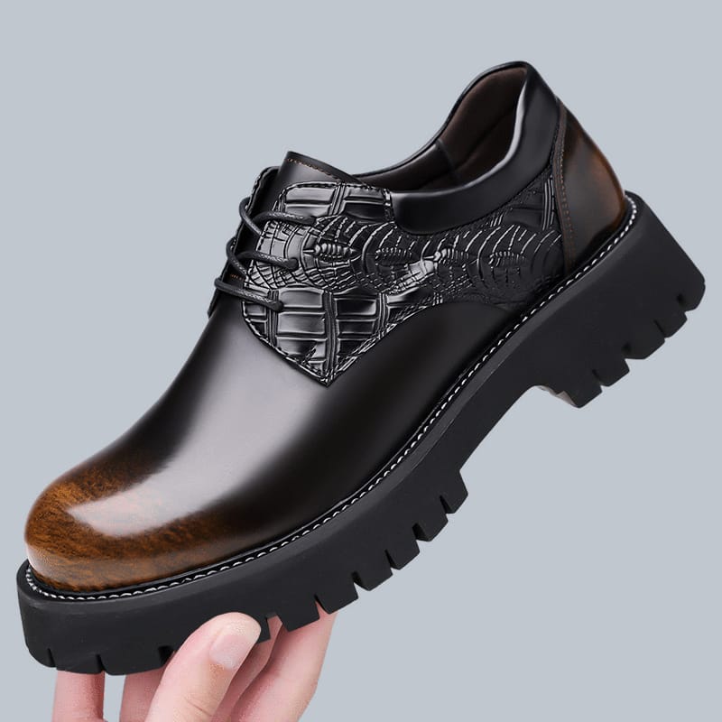 Designer leather lace-up formal shoes Black leather lace-up formal shoes with crocodile embossed vamp and chunky lug sole displayed on white background.