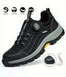 Umburlly men's black safety work boots with grey accents, rotary dial lacing system, steel toe cap inset, and rugged rubber sole, displayed on white background with safety icons.