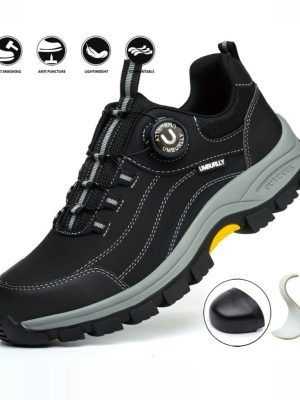 Umburlly men's black safety work boots with grey accents, rotary dial lacing system, steel toe cap inset, and rugged rubber sole, displayed on white background with safety icons.