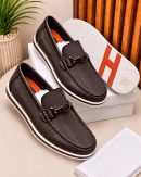 Dark brown men's crocodile-embossed loafers with metallic hardware and white rubber sole.