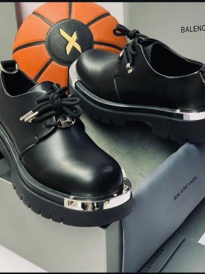 Black leather platform derby shoes with silver chrome toe cap and heel accents, chunky lug sole - luxury men's fashion shoes