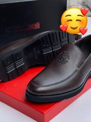 Roberto Cavalli men’s brown textured leather loafers with embossed RC monogram and rugged lug sole, displayed beside branded black box, poodle figurine, and stacked books on light wood surface.