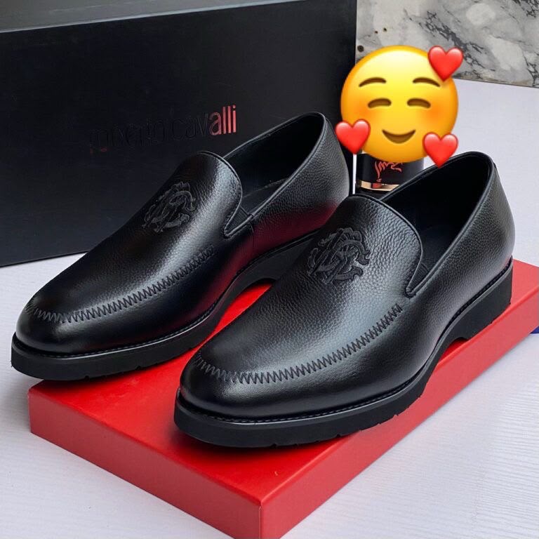 Premium Roberto Cavalli men’s textured loafers Roberto Cavalli men’s brown textured leather loafers with embossed RC monogram and rugged lug sole, displayed beside branded black box, poodle figurine, and stacked books on light wood surface.