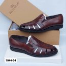 Aldo Bruè men's burgundy leather fisherman sandals with woven vamp detailing and black rubber sole, displayed with branded brown shoebox on white surface.