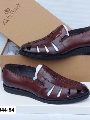 Aldo Bruè men's burgundy leather fisherman sandals with woven vamp detailing and black rubber sole, displayed with branded brown shoebox on white surface.