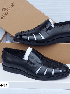 Aldo Bruè men's burgundy leather fisherman sandals with woven vamp detailing and black rubber sole, displayed with branded brown shoebox on white surface.