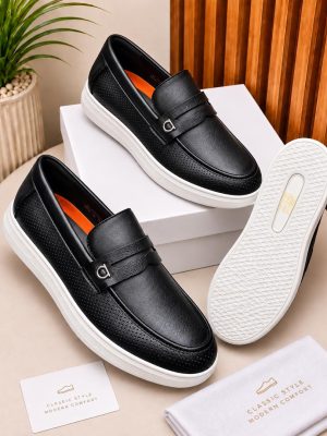 Dark brown men's textured leather penny loafers with white rubber platform sole and classic slip-on design.