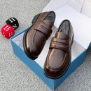 Men's chocolate brown leather penny loafers with black rubber sole, displayed in open blue shoebox with decorative dice on grey carpet.
